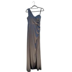 NWT XScape One Shoulder Long Maxi Gown, Front‎ Side Slit, Dark Gray/Silver, Sz 6